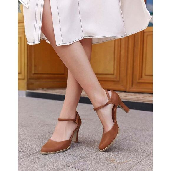 Coutgo Womens Closed Toe Ankle Strap Pump Sandal Heels, Size 8, Brown. New. - Picture 6 of 8